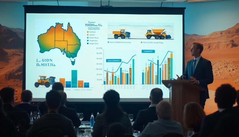 Person presenting graphs and charts on a screen to an audience in a conference room.