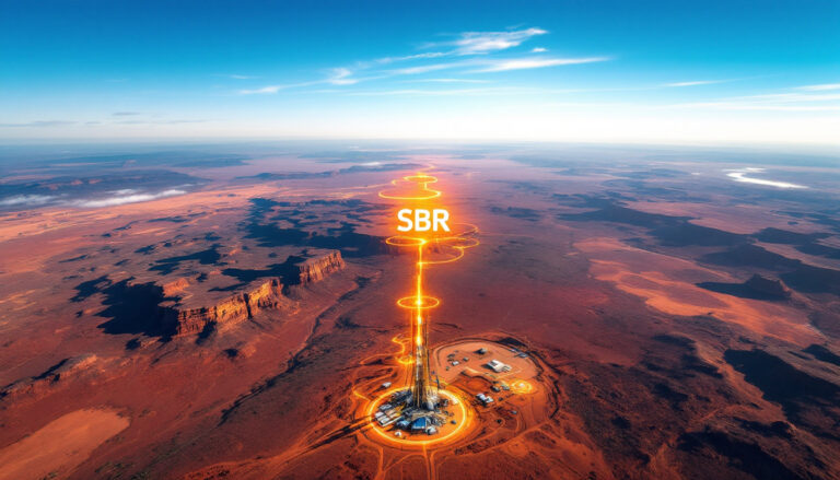 Sabre Resources Ltd-SBR-Aerial view of a desert landscape with futuristic energy beam marked "SBR" pointing skyward.