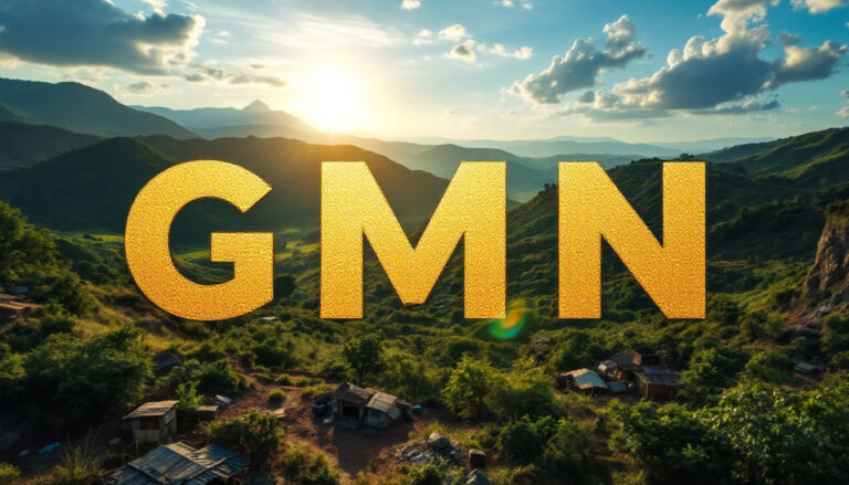 Gold Mountain Ltd-GMN-Golden "GMN" letters over a scenic mountain landscape at sunrise.