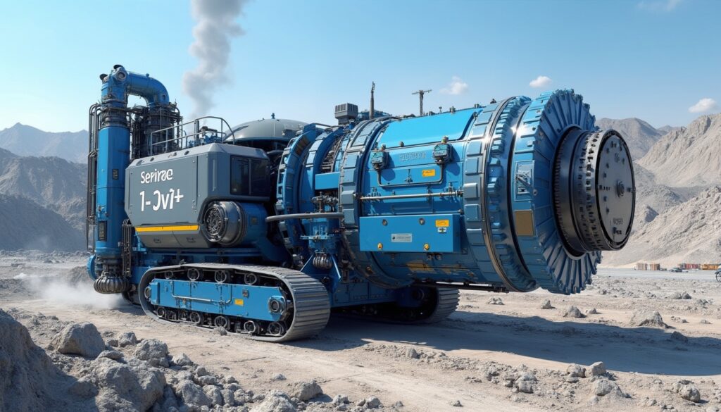 Futuristic blue industrial machine on tracks in a desert landscape.