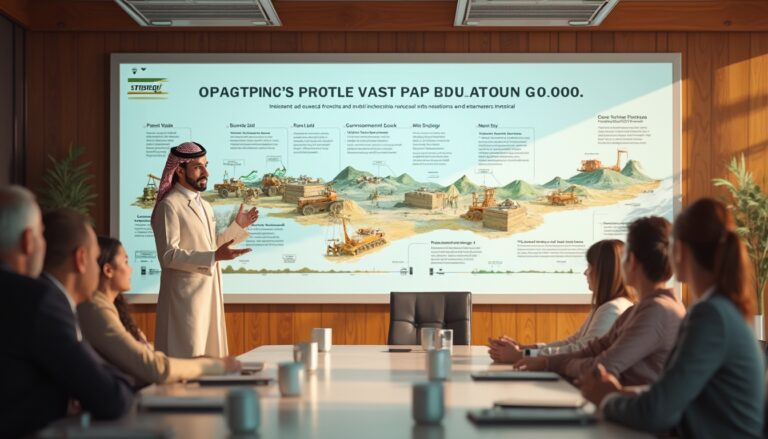 Man in traditional attire presenting a detailed landscape chart to meeting attendees in a boardroom.