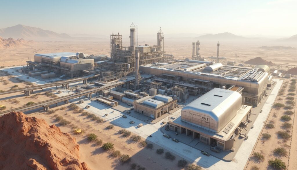 Futuristic desert industrial complex with large structures and surrounding sandy terrain.