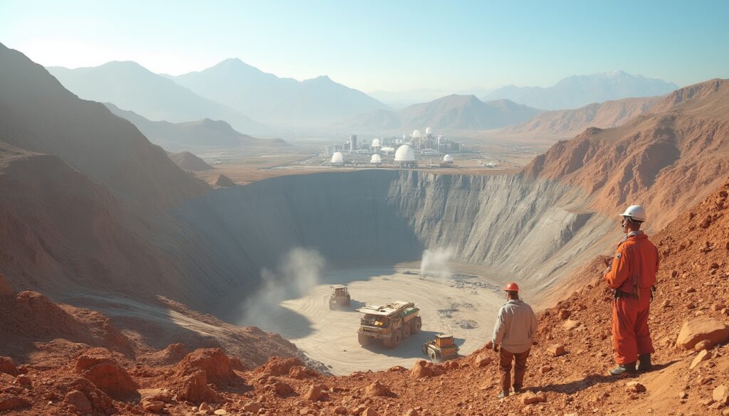 Two workers observe a large mining pit with machinery, set against a mountainous landscape.