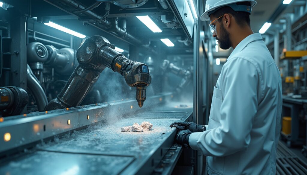 Engineer in a lab coat monitors robotic arm processing mineral samples on a conveyor belt.