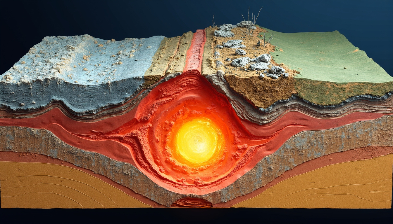 Cross-section of earth layers with molten core and varied surface textures.