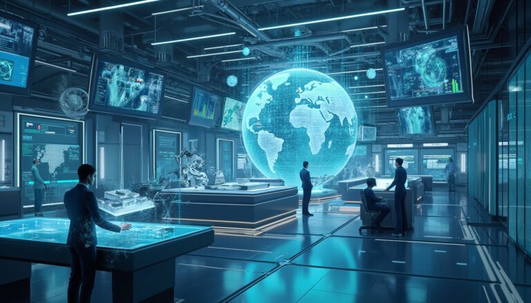 Futuristic control room with holographic globe and screens displaying data, people interacting.