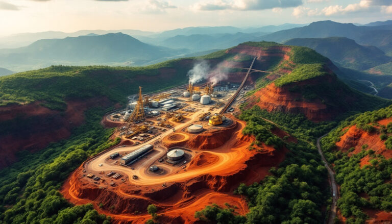 Arrow Minerals Ltd-AMD-Industrial complex amidst lush green hills and red earth, smoke rising from chimneys under cloudy sky.