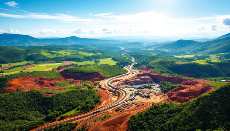 Arrow Minerals Ltd-AMD-Aerial view of a winding road under construction in a lush, hilly landscape with blue skies.