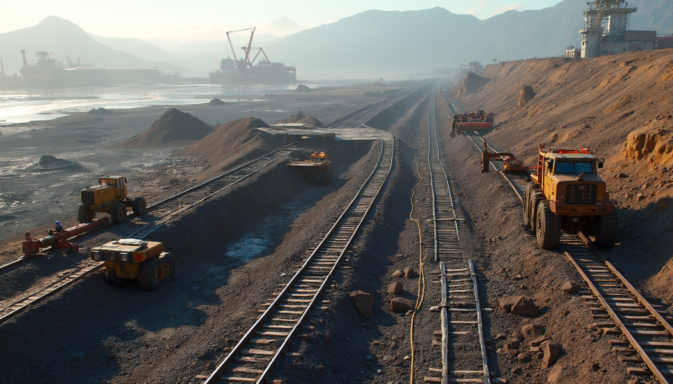 Construction vehicles work on railway tracks in a mountainous, industrial landscape.