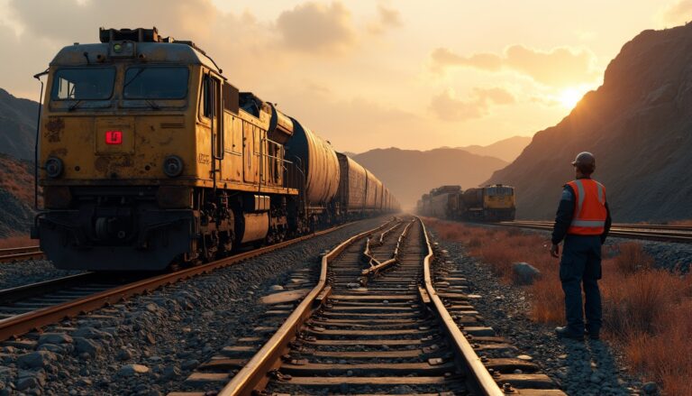 Worker observes a train on parallel tracks during a sunset in a mountainous area.