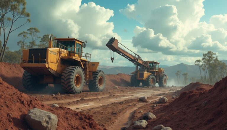 Two large construction vehicles operate on a dirt path under a cloudy sky.