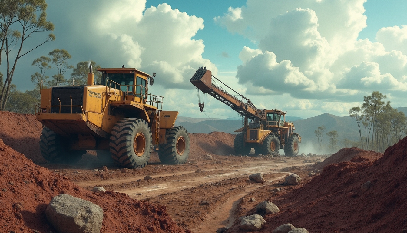 Two large construction vehicles operate on a dirt path under a cloudy sky.