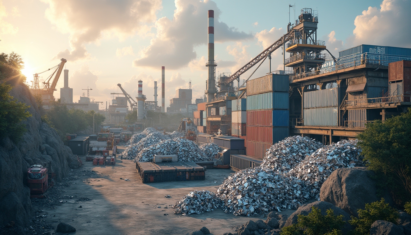 Industrial scrapyard at sunrise with stacked containers and smokestacks in the background.