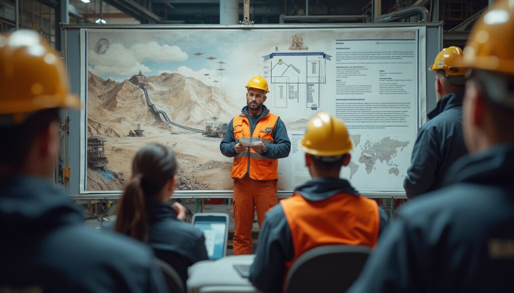 Construction workers in yellow helmets listen to a presentation in front of a detailed site map.