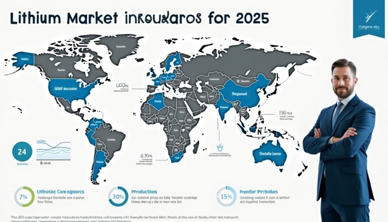 World map with lithium market insights for 2025 and a confident man in a suit on the side.