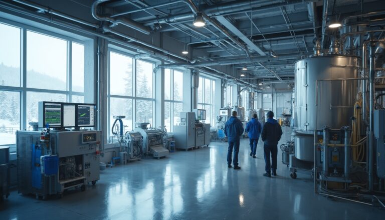 People walking through a modern factory with large machines and screen displays, snowy landscape outside.