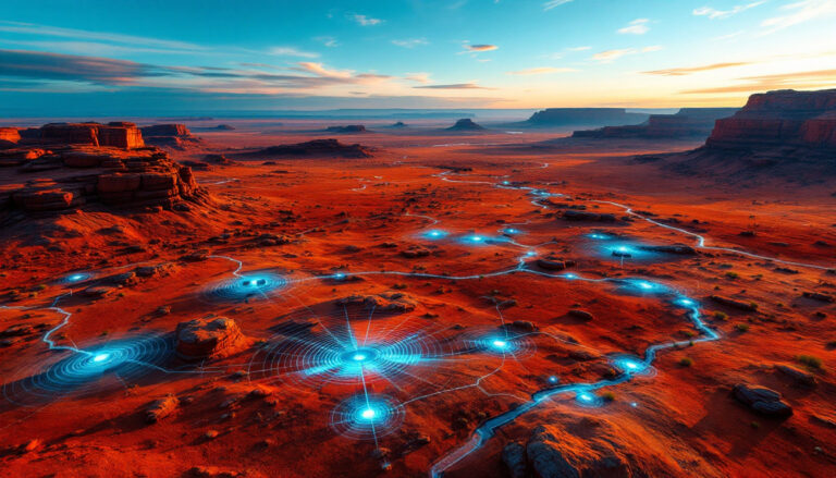 Techgen Metals Ltd-TG1-Desert landscape with glowing blue digital nodes and lines connecting them across the terrain.