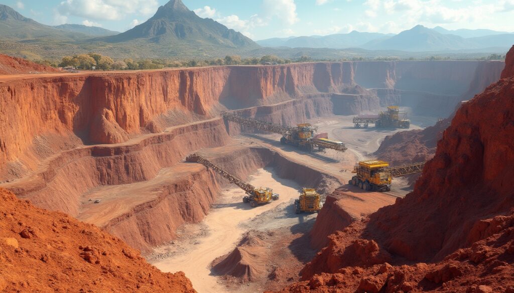 Massive open-pit mine with large machinery, surrounded by red dirt and distant mountains.