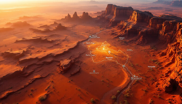 Terra Metals Ltd-TM1-Aerial view of desert landscape with highlighted area and labeled points in bright orange light.