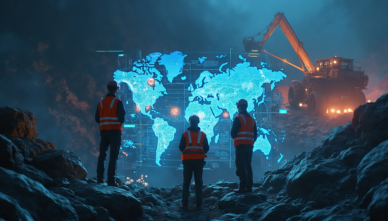 Three workers in vests observe a digital world map in an industrial setting at night.