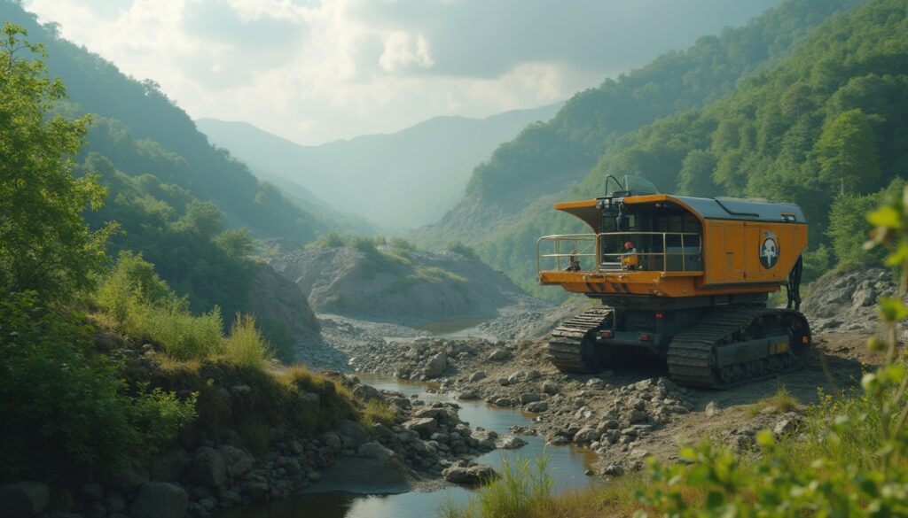 Orange construction vehicle in a rocky, green valley under a partly cloudy sky.