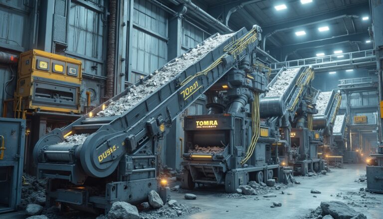 Industrial conveyor belts sorting rocks in a spacious factory setting.