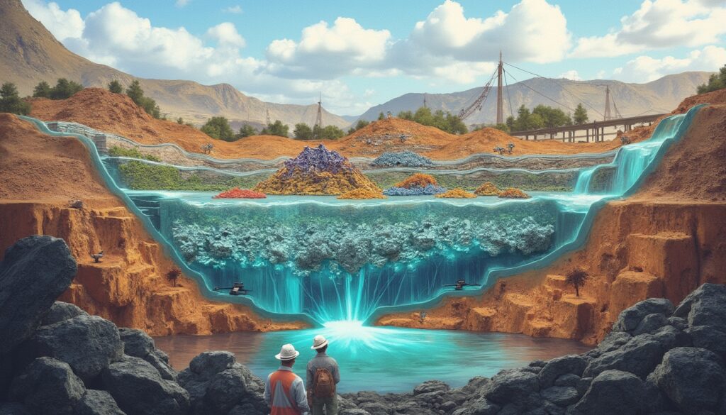 2 people gaze at a fantastical landscape with glowing water and vibrant geological layers.