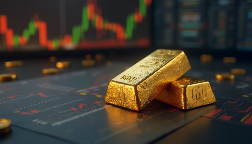 Gold bars on a financial chart background with rising market graphs.