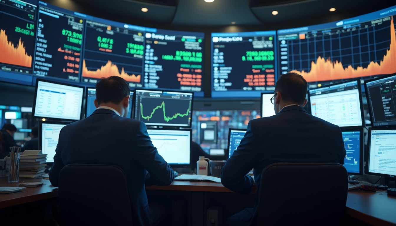 Two men at a stock trading desk, surrounded by multiple monitors displaying financial data and charts.