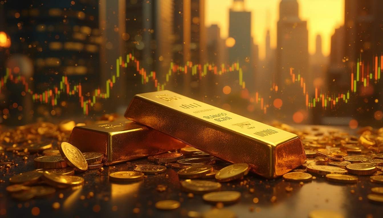 Gold bars and coins on a reflective surface, with a stock chart and cityscape in the background.