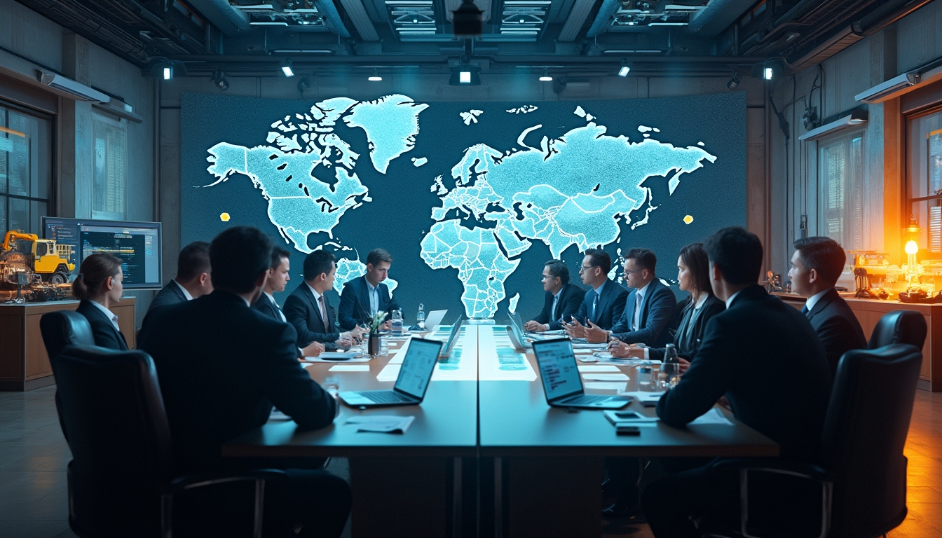 Business meeting in conference room, large world map display, laptops on table.