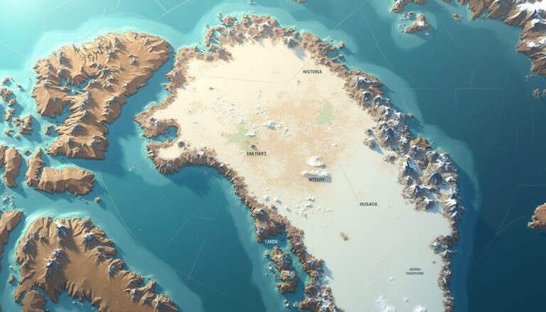 Map illustration of Greenland with surrounding ocean and mountainous regions labeled.