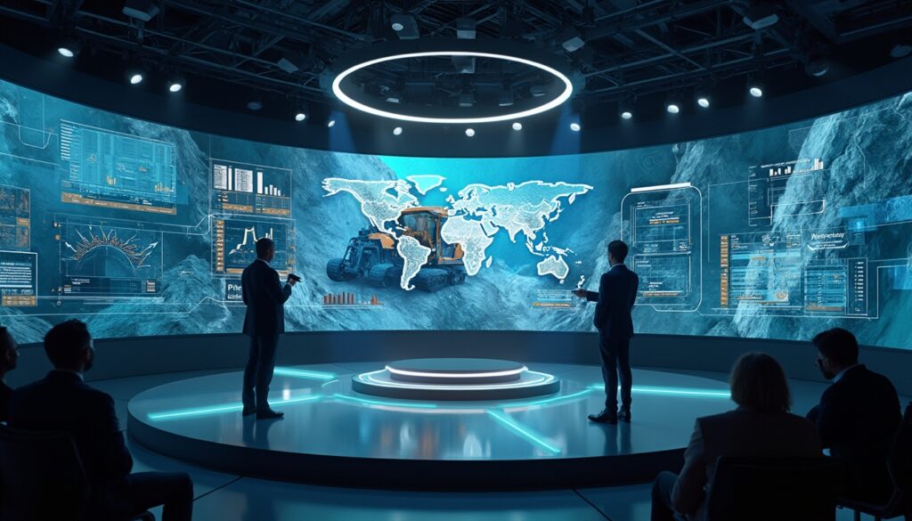 Futuristic presentation with two people, digital world map, and interactive data displays.