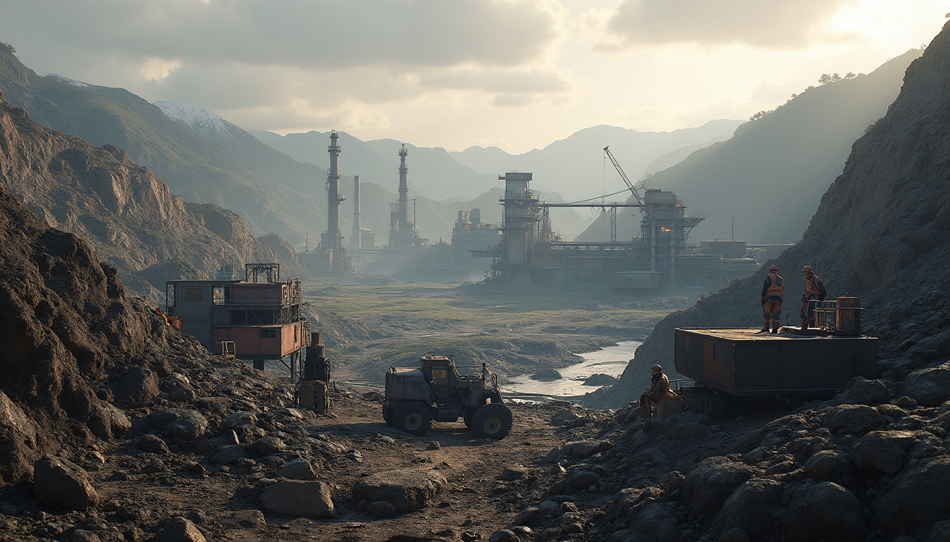 Workers and machinery in a rocky industrial landscape with distant factories and mountains.