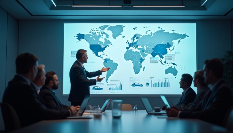 Business meeting with a world map presentation in a dimly lit conference room.