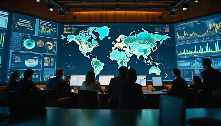 People analyzing data on large screens displaying world maps and charts in a control room.