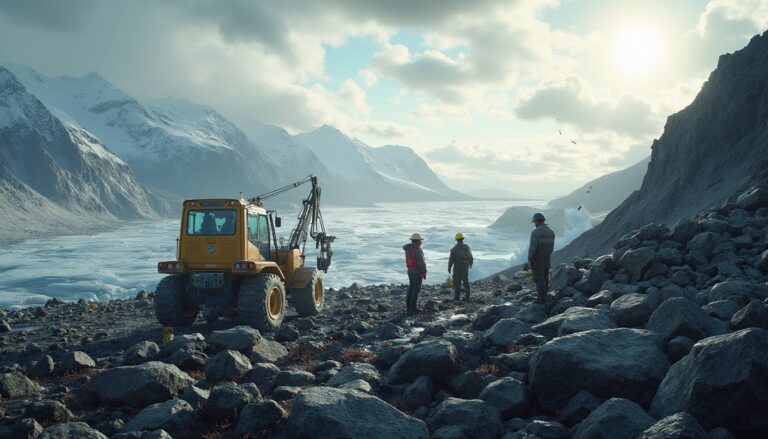 Mountain scene with workers, yellow excavator, and distant snowy peaks under a cloudy sky.