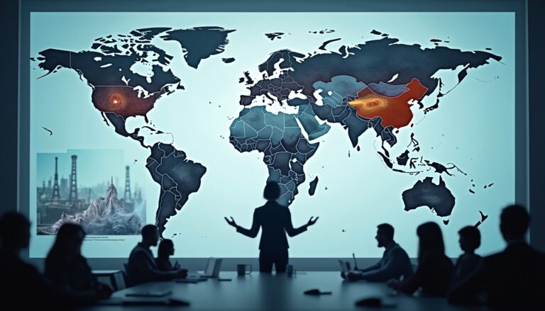 Silhouetted person presents a world map with highlighted regions to an audience in a dark room.