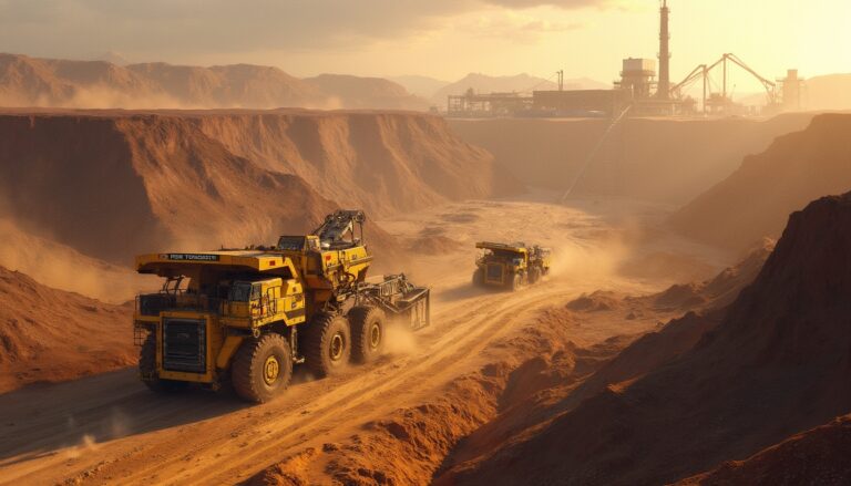 Mining trucks navigating a dusty road through a canyon, with an industrial plant in the background.