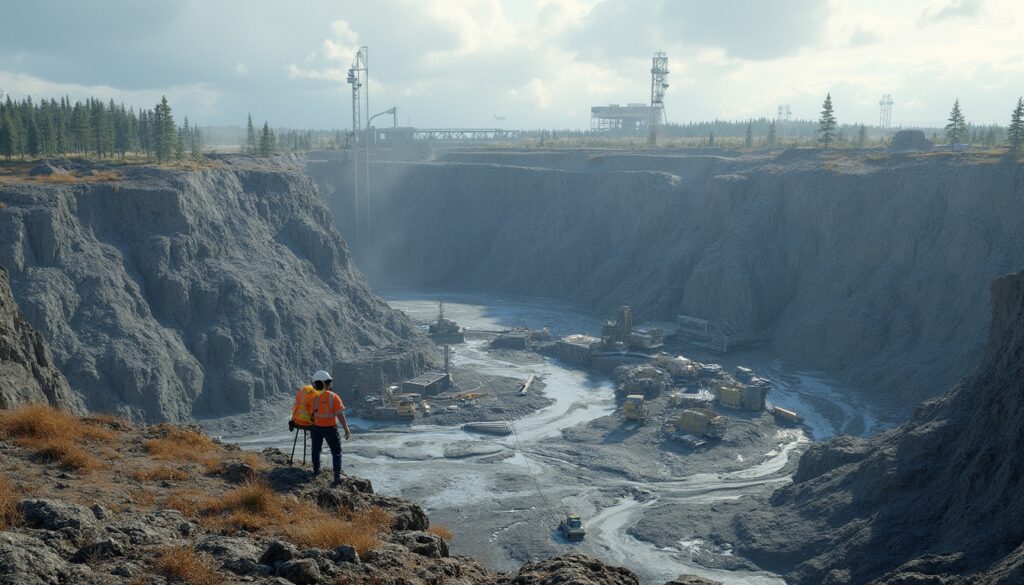 Two workers overlooking a large open-pit mine with machinery and distant structures on a cloudy day.