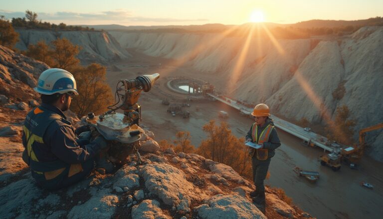 Two workers in a quarry at sunset, one using equipment, the other taking notes.