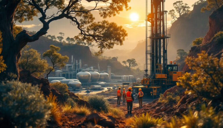 Viking Mines Ltd-VKA-Workers wearing helmets near an oil rig and refinery at sunrise, surrounded by hills and trees.