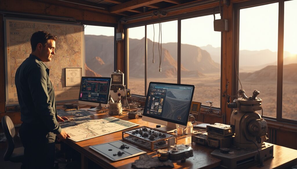 Man analyzing geological data with computers and maps in a sunlit desert office setting.