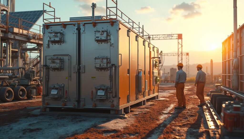 Two workers in hard hats stand near large industrial equipment at a construction site during sunset.