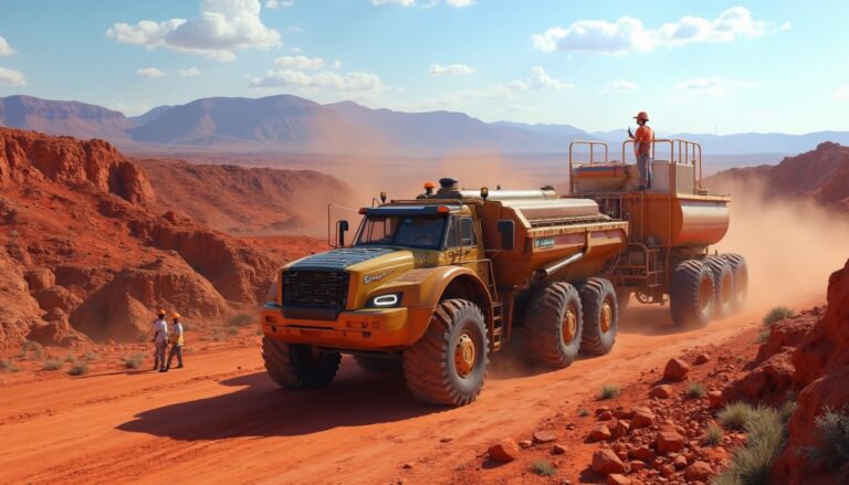 Heavy-duty truck in a dusty, red desert landscape with mountains in the background.