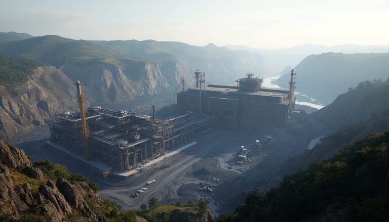 Industrial facility under construction in a mountainous landscape, beside a river.