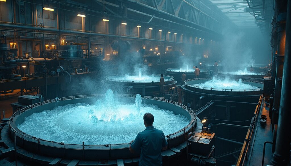 Large, industrial vats with bubbling blue liquid in a dimly lit factory setting.