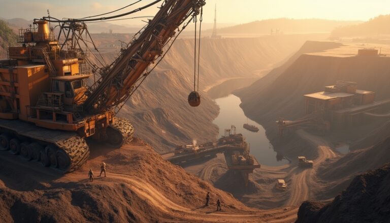 Giant excavator at a dusty mining site during sunset, with workers and vehicles around.