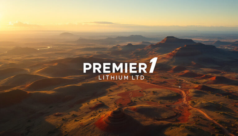 PREMIER1 Lithium Ltd-PLC-Drone view of a desert landscape at sunset with "Premier 1 Lithium Ltd" text overlay.