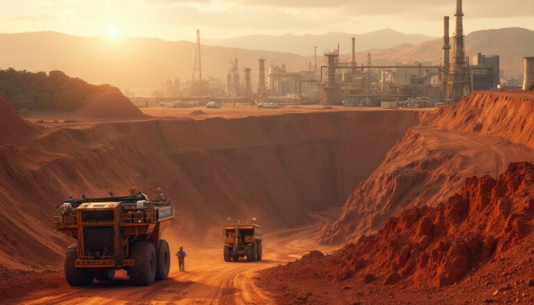 Large mining trucks in a deep, sunlit quarry with industrial buildings in the background.